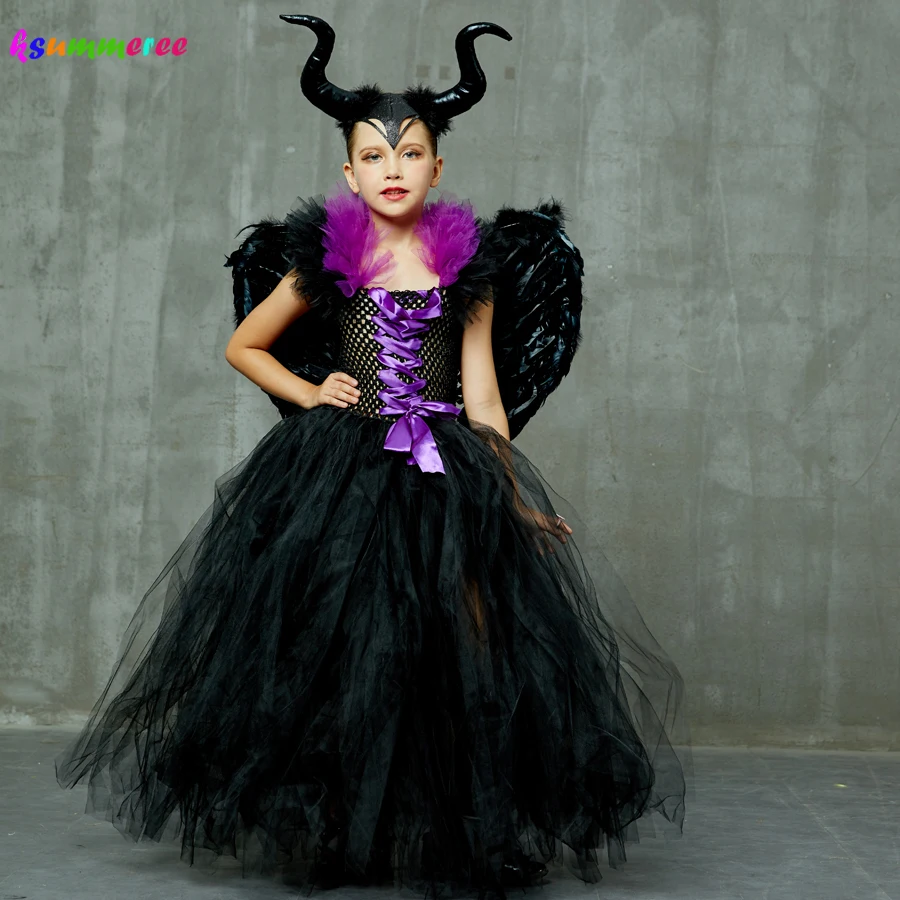 Kids Evil Queen Girls Halloween Fancy Tutu Dress Costume with Horn Wing Children Christening Dress Up Black Gown Villain Clothes