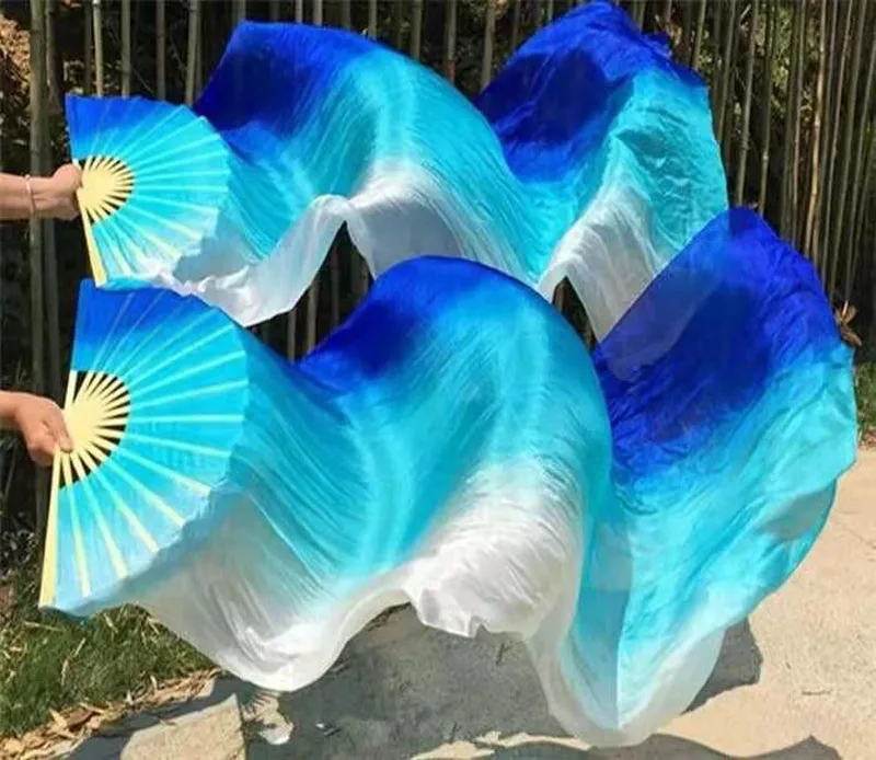 120cm/150cm/180cm Pure Silk Belly Dance Fan Veil Chinese Bamboo Folding Fan 1Pair(1L+1R) Gradient Color Silk Fan Veils Hand Dyed