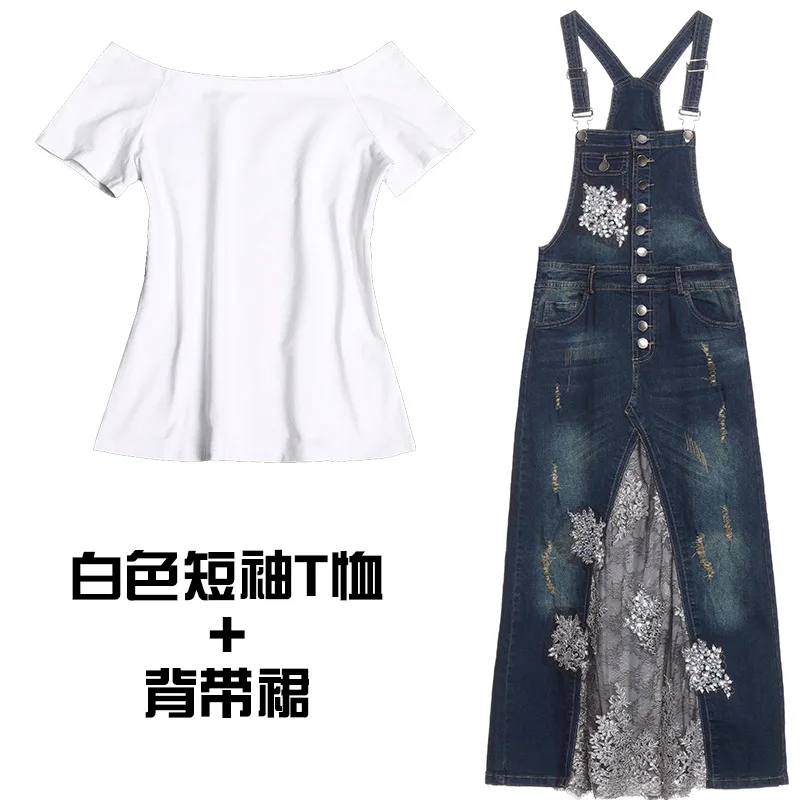 TIYIHAILEY Free Shipping New Summer Denim And Gauze Suspenders Full Dress Twinset With White Tops S-2XL Beaded Embroidery Dress