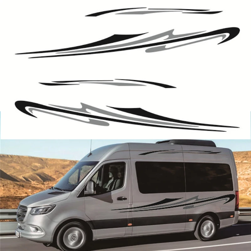 2pcs Car Side Body Stripes Stickers Black+Gray DIY Sports Styling Decoration For Mercedes Sprinter