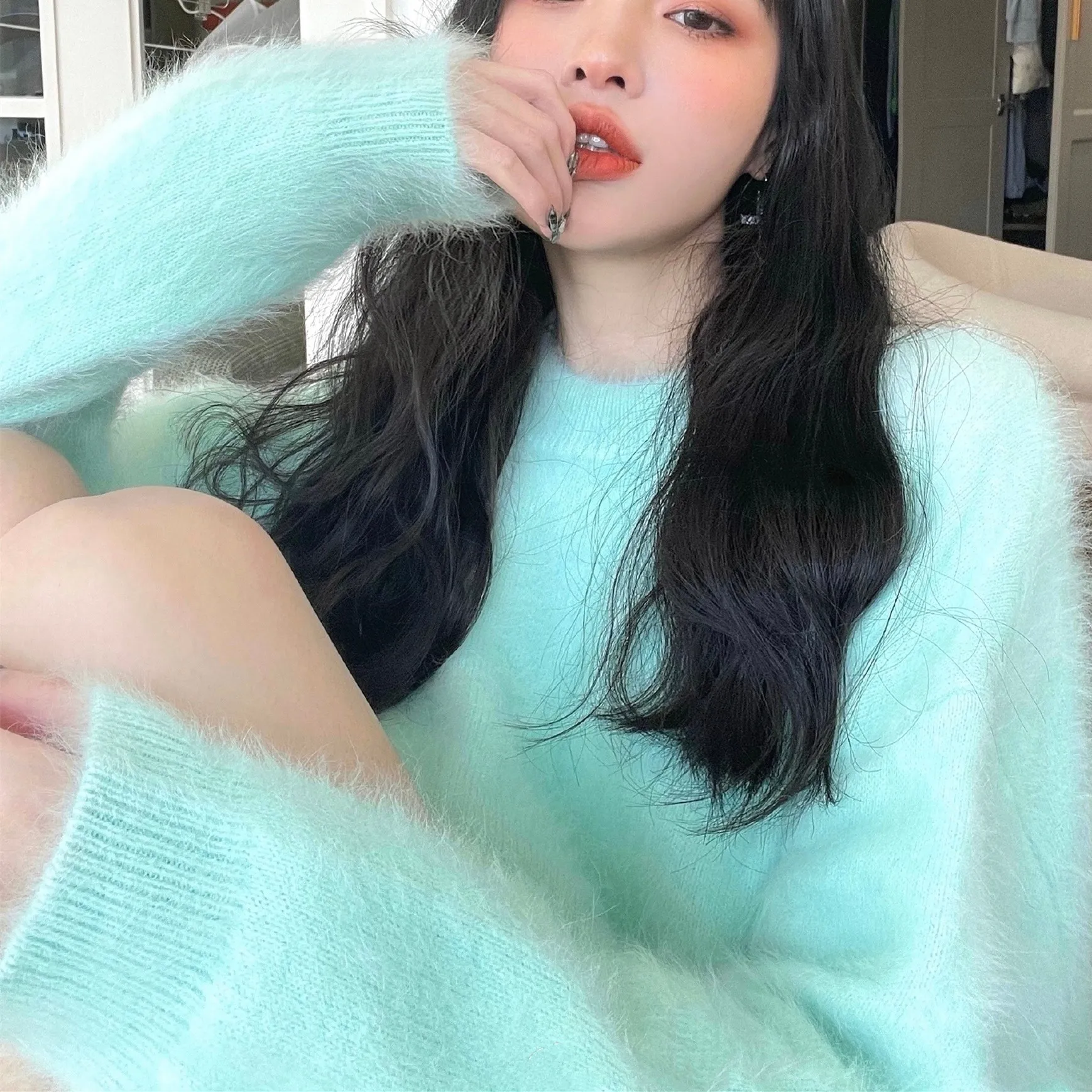 2024 New High Quality Women Soft Mohair Knitted Sweater Autumn Winter Long Sleeve Mink Cashmere Thick Warm Loose Jumper Pullover