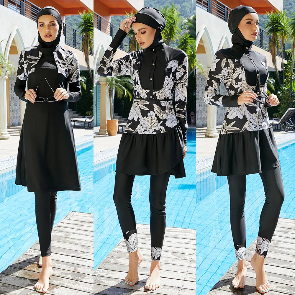 

Muslim Women Print Hijab Swimsuit 3PCS Islamic Beachwear Bathing Suit Swimwear Conservative Maillot De Bain Arabic Burkini 2024