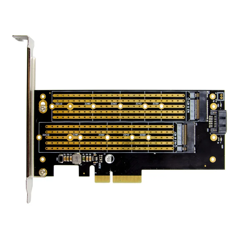 M.2 to PCIe NVMe and SATA SSD Dual M Key and/or B Key Adapter Card 2242 2260 2280 M2 Drive to Desktop PCI E x4 Includes Brackets