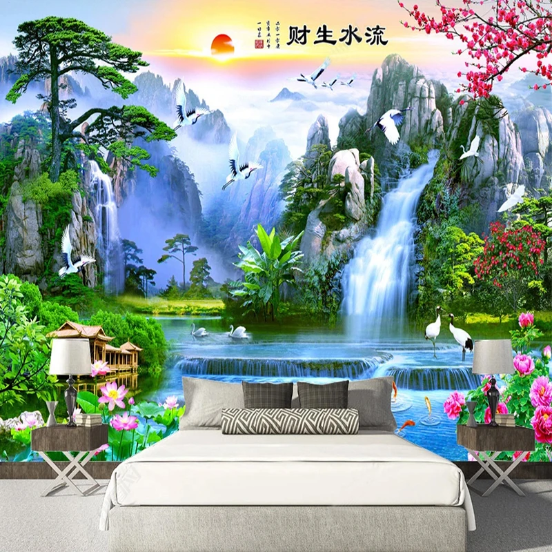 Custom Self-Adhesive Wallpaper 3D Chinese Style Landscape Waterfall Nature Scenery Photo Wall Mural Living Room TV Sofa Stickers