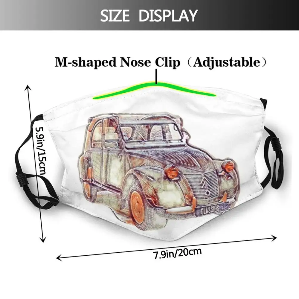 Vintage Citröen Deux Chevaux Illustration Funny Print Reusable Pm2.5 Filter Face Mask Citröen 2Cv Deux Chevaux French Francais