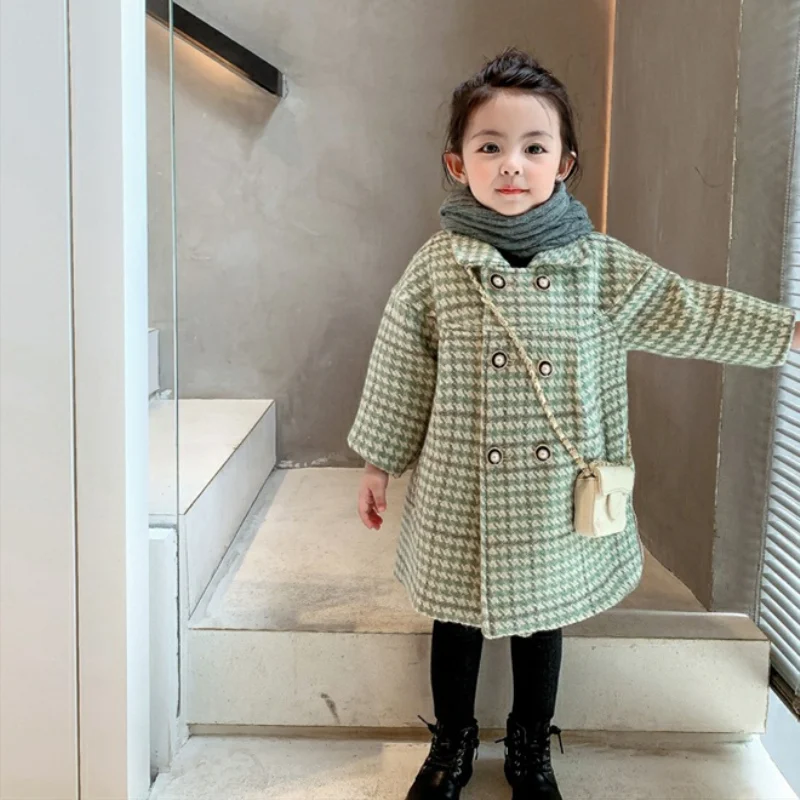 Woolen Girls Baby's Kids Coat Jacket 2021 Green Warm Thicken Winter Autumn Cotton Pocket Buttons Outerwear Children's Cloth