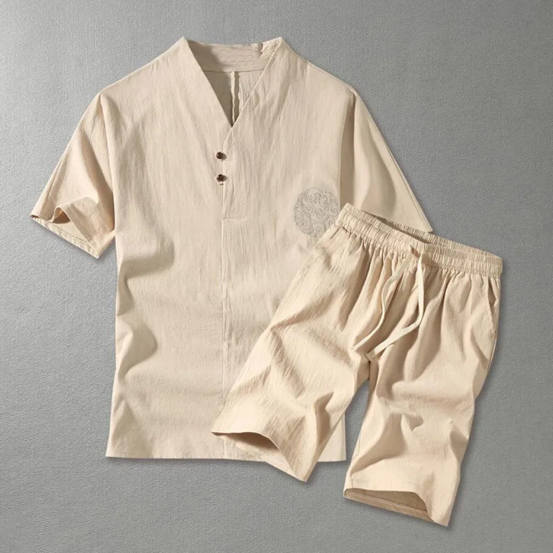 Chándal de talla grande para hombre, Camiseta corta de lino, traje de verano de 160kg, 5XL, conjunto de algodón para marido