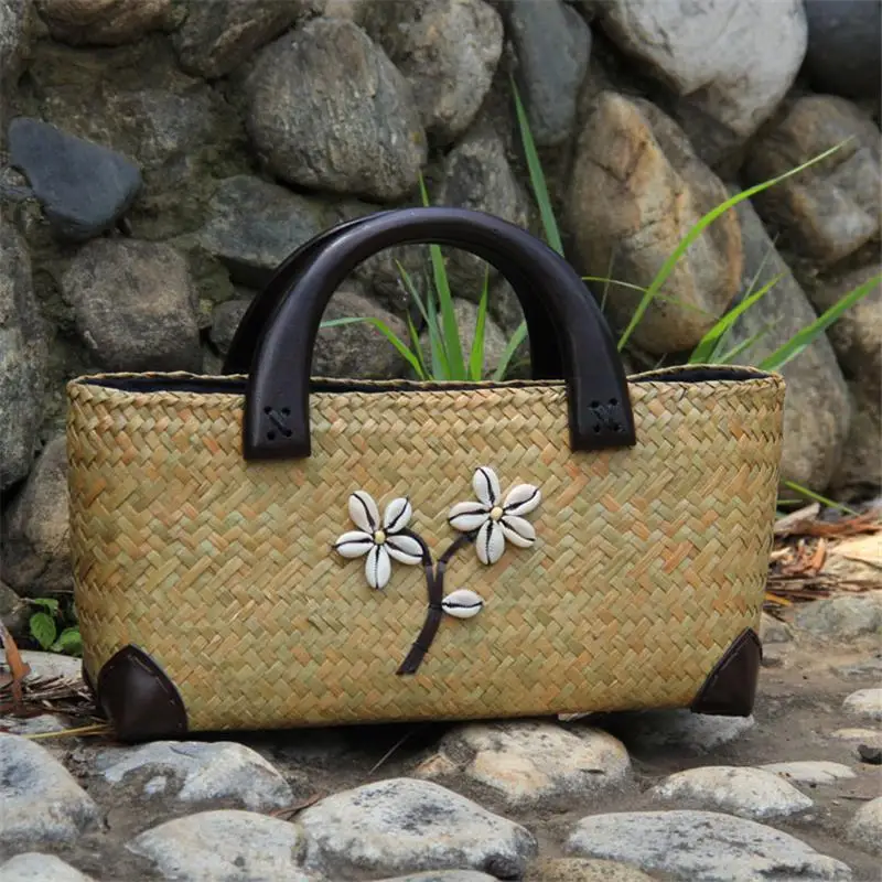 30x16CM Rattan Bag Original Chinese Style Features Handmade Old Straw Bag Rattan Woven Wooden Handle Retro Handbag  a6107