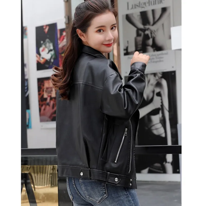 UHYTGF High quality PU Leather Womens Spring Autumn Leather Jacket Korean Loose Big Size Tops Student Short Leather Jackets 826