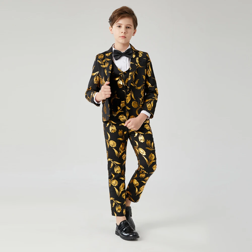 Kinderen Gilt 3 Pcs Suits Jongens Pakken Set Formele Kid Jongens Trouwpak Smoking Voor Jongens Pakken Voor Bruiloften pak Voor Kinderen Jongen