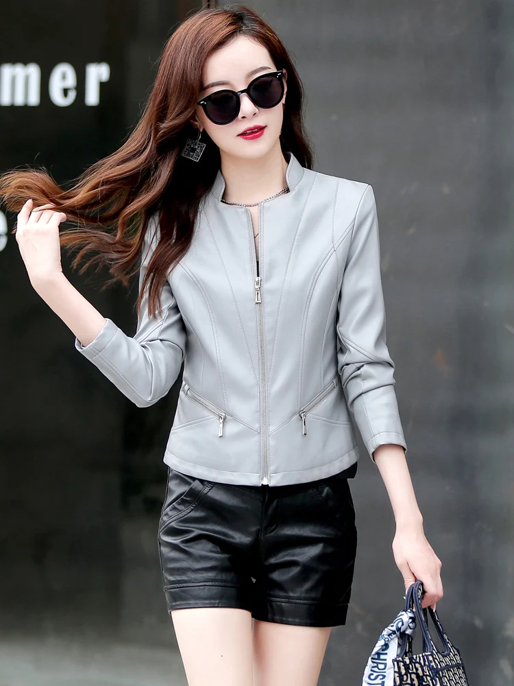 2023 Spring Autumn New Women Genuine Leather Jacket Female Short Korean Slim Sheep Leather Coat Trendy Stand Collar Outerwear