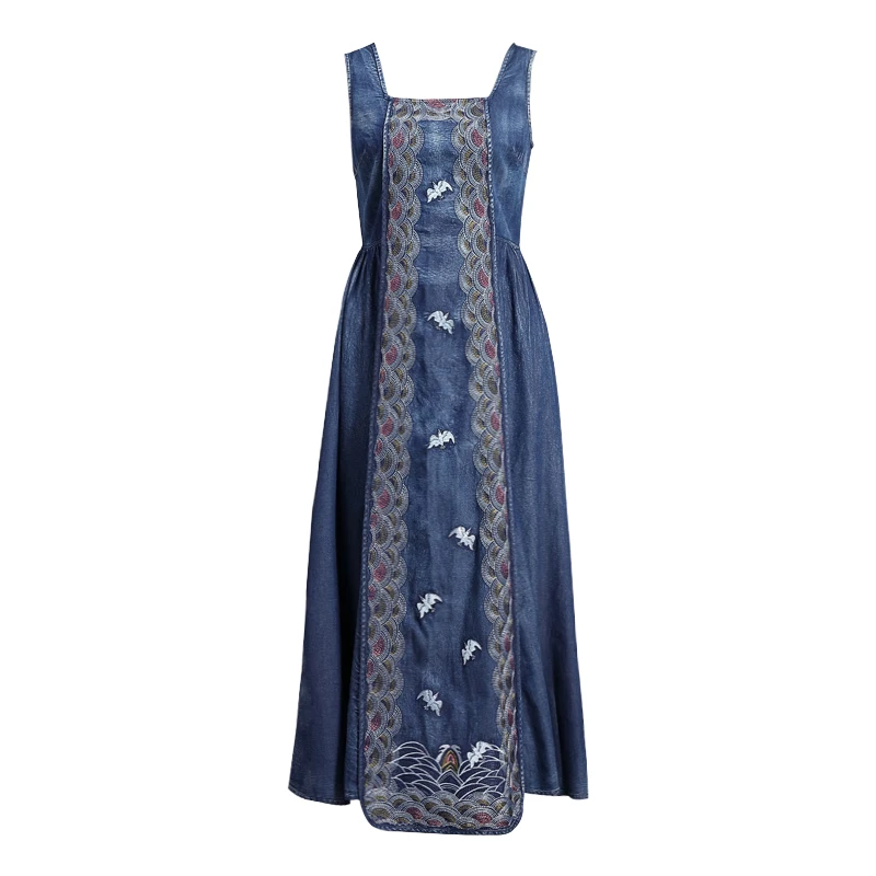 Summer Dress 2020 Yuzi.may Boho New Denim Women Dresses Sleeveless Vintage Embroidery Swing Hem Sundress A82229 Vestidos Female