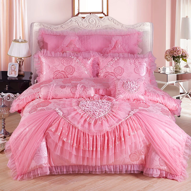 

Pink Lace Princess Wedding Luxury Bedding Set King Queen Size Jacquard Cotton Stain Duvet Cover Bedspread Bed Sheet Pillowcase