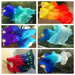 1Pair (1L+1R) Women 100% Real Silk Oriental Dance Fan Veils Colorful Gradient Stage Dance Silk Fans Belly Dance Accessories Fan