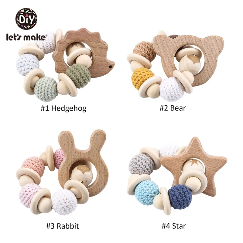 Baby Rattle Bracelet Wooden Toys Crochet Beads Baby Teether Christmas Gift Hedgehog Elk Wood Crafts Ring Engraved