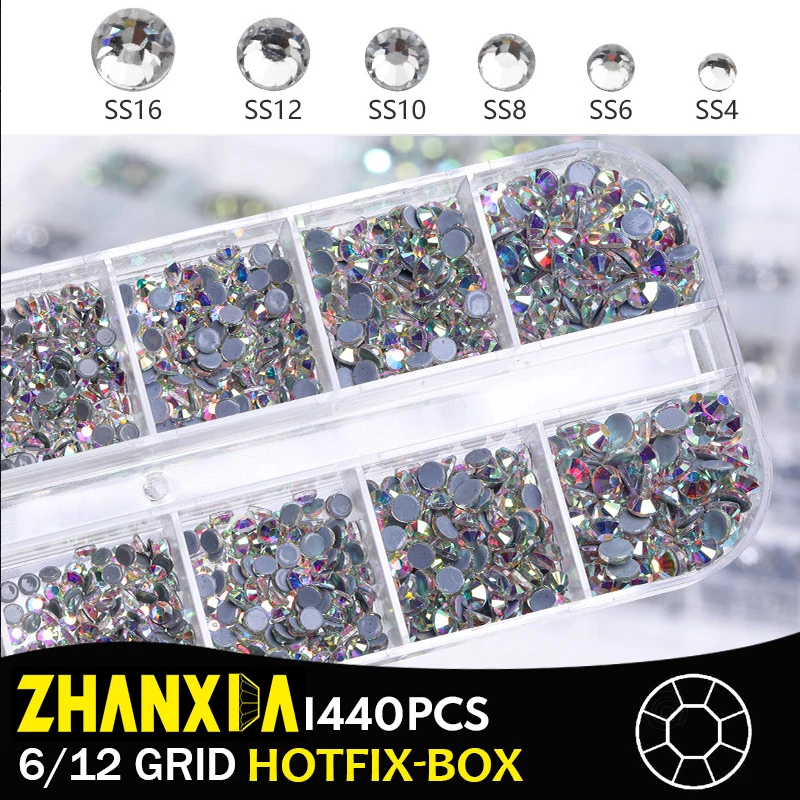 

1440pcs Hotfix Rhinestones On Nails Mix Sizes Glitter Crystals For Crafts Shine Dazzling Gemstone Beads Set Box 6/12 Grid