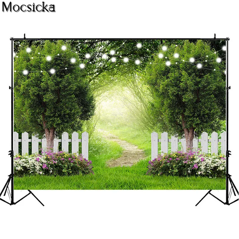 Mocsicka Spring Green Forest Photography Backdrops Fence Flower Grassland Child Birthday Photo Background Studio Props Photocall