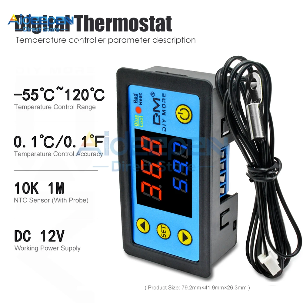 W3231 AC 110-220V DC 12V 24V Incubator Temperature Controller Thermometer Cool/Heat Digital Dual Display with NTC Replace W3230