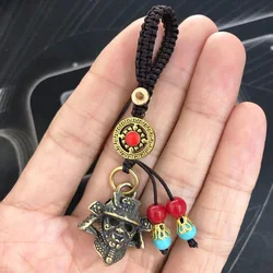Retro Brass Japanese Samurai Helmet Mask Key Chain Pendant Copper Lanyard Multifunction Keyring Pendant Necklace DIY Accessories