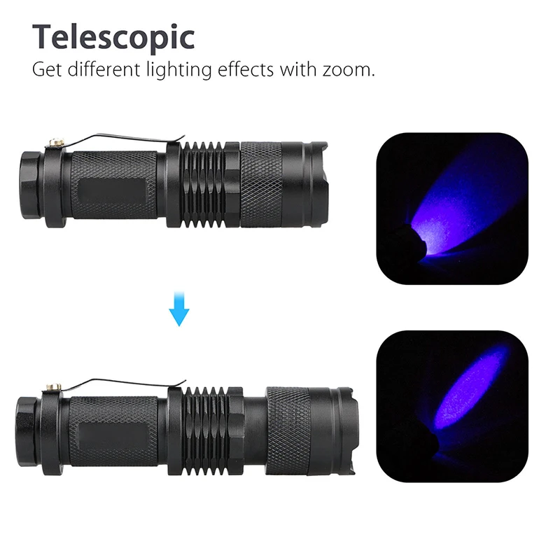 1pc Led torcia UV viola Ultra Violet AA batteria torcia lampada Flash light torcia luce nera per rilevamento contanti denaro