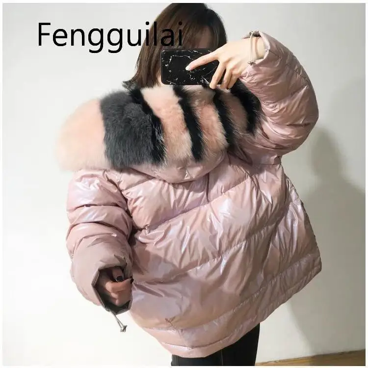 New Gold Silver Double Side Cotton Coat Winter Jacket Women Big Fox Fur Black Pink Parkas Female Outerwear Oversize