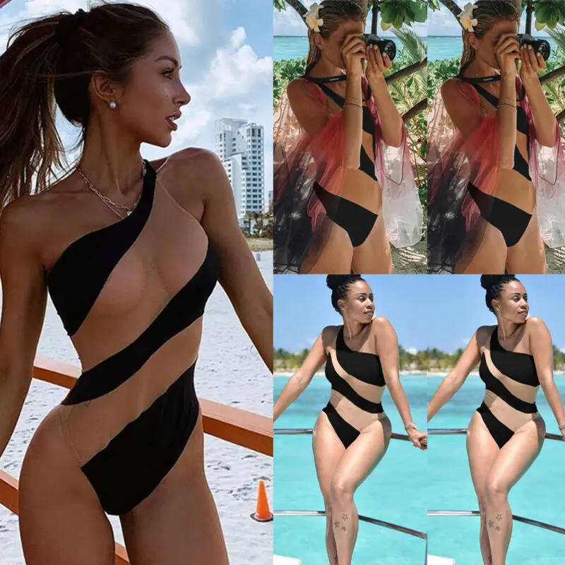 Sexy Women One Piece Monokini Bikini Push Up Swimsuit Swimwear Bathing Beachwear Ladies Summer Striped Mesh High Cut Bikini Suit