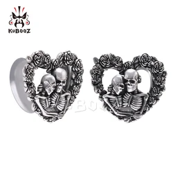 KUBOOZ Unique Stainless Steel Heart Shape Rose Skull Ear Tunnels Gauges Body Piercing Jewelry Earring Expanders Stretchers 2PCS