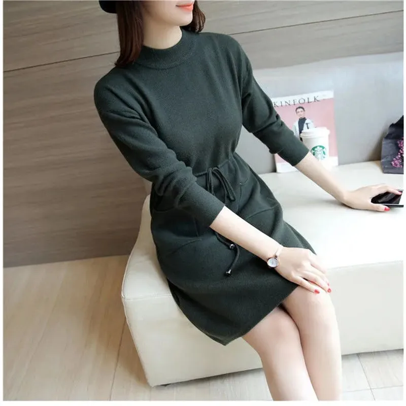 Women Knitted Sweater Dress New Solid Drawstring Waist Pocket Pullover Knit Dress Women Autumn/Winter Dress Office Lady Vestidos