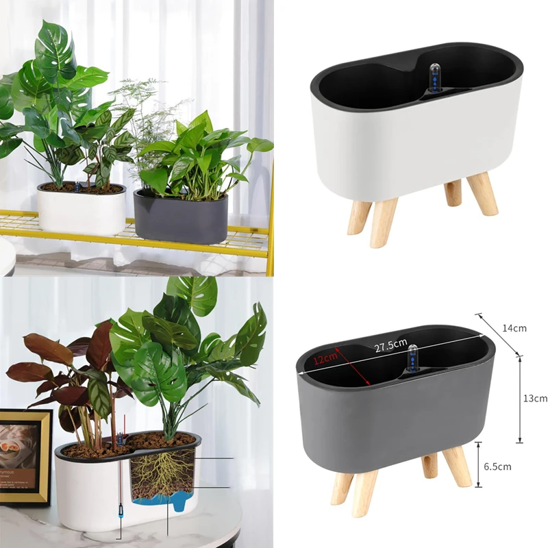 Indoor Plant With Indicator Wooden Leg Flower Containers Anti-slip Breathable Self Watering Pots Lazy Automatic Water Flowerpot