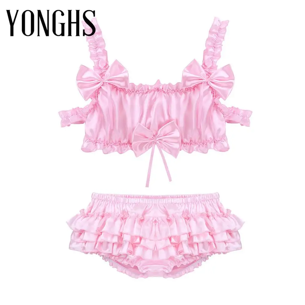 

Mens Sissy Crossdresser Satin Lingerie Set Ruffled Frilly Elastic Bowknot Wire-free Bra Crop Top Bloomer Tiered Skirted Panties