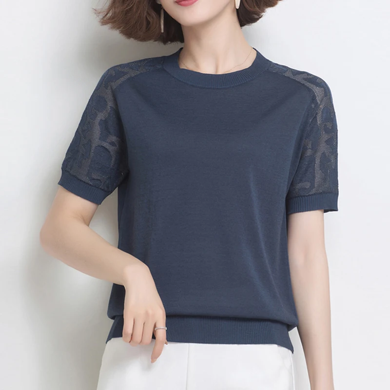 Fashion Mesh Patchwork Short Sleeve Knitted T-Shirt Women Casual Short Solid Knitwear Tops Female Summer Slim Pullover Tee