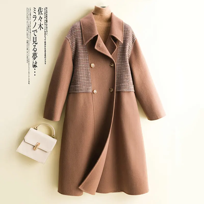 MODERNE NEUE SAGA 100% Wolle Frauen Mantel Herbst Woolen Lose Plaid Mantel Tweed Lange Jacke Dame Winter Mode Luxus Wolle lange Mäntel