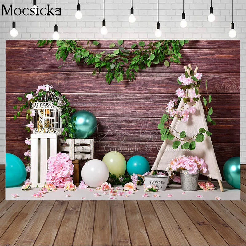 

Newborn Photocall Cake Smash Backdrop Spring Green Leaf Flowers Tent Brown Planks Props Child Birthday Portrait Photo Background