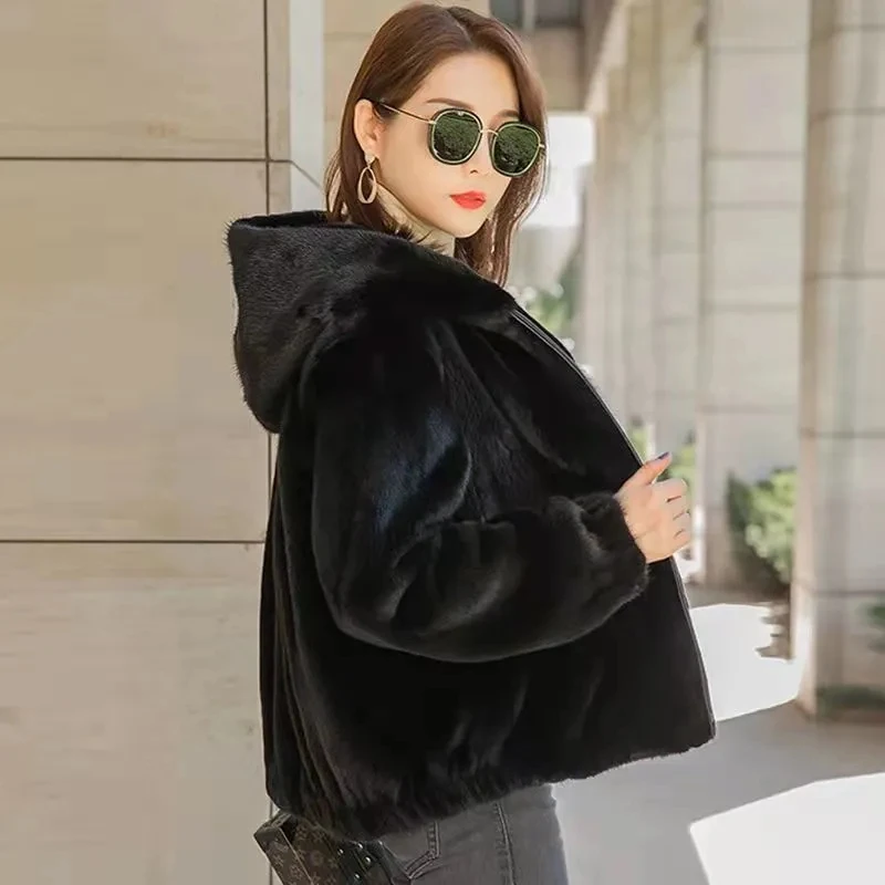 Women Winter Thick Warm Faux Fur Jacket Solid Zipper Hooded Imitation Mink Fleece Short Fur Coat Streetwear Plush Outerwear