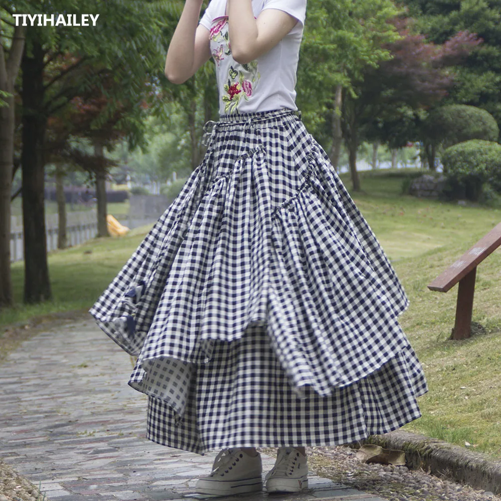 

TIYIHAILEY Free Shipping New Long Maxi A-line Elastic Waist Women Cotton Linen Print S-2XL Irregular White And Black Plaid Skirt