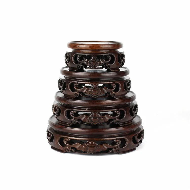 8.2-14.8cm Diameter Ebony Carved Bat Pattern Base Craftwork Solid Wood Base Flower Vases Stone Jade Teapot Aquarium Base