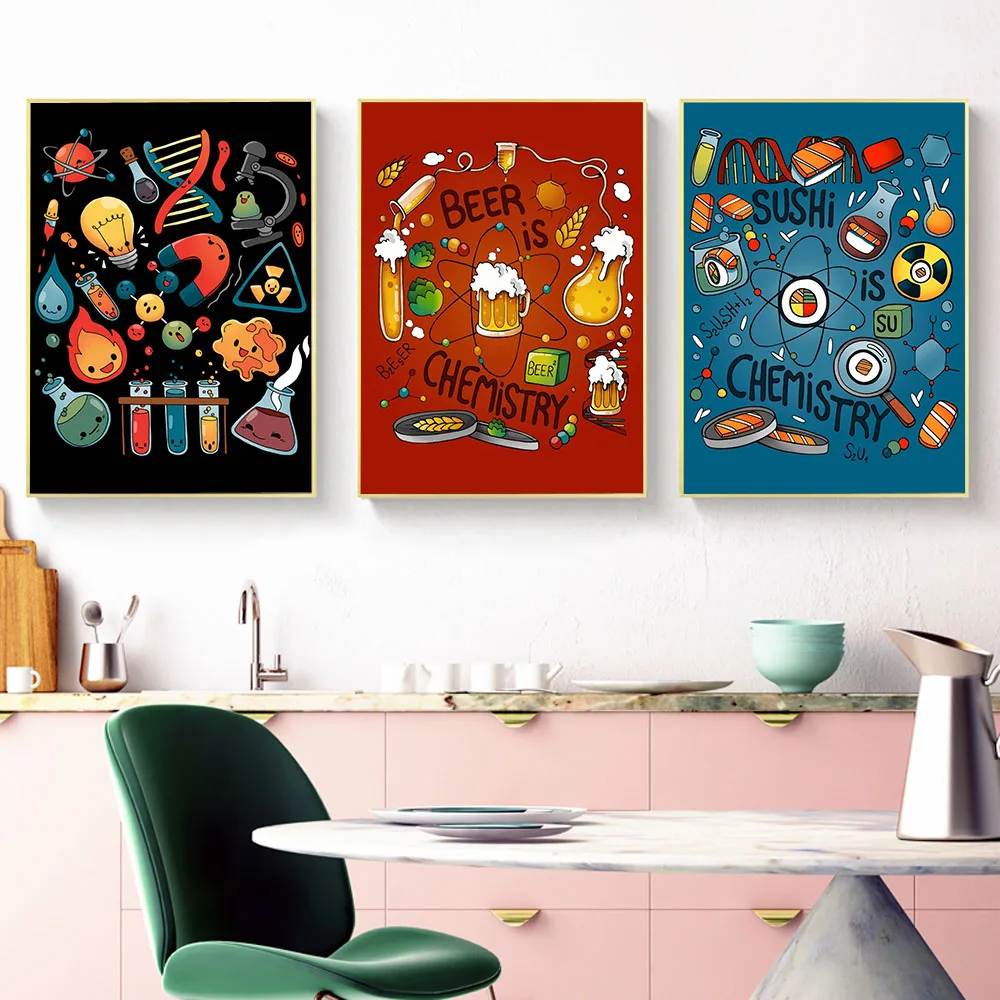 العلوم الغذاء الملصقات يطبع البيرة هي الكيمياء الرجعية شرب قماش اللوحة الحديثة جدار صور للمطبخ مطعم ديكور المنزل
