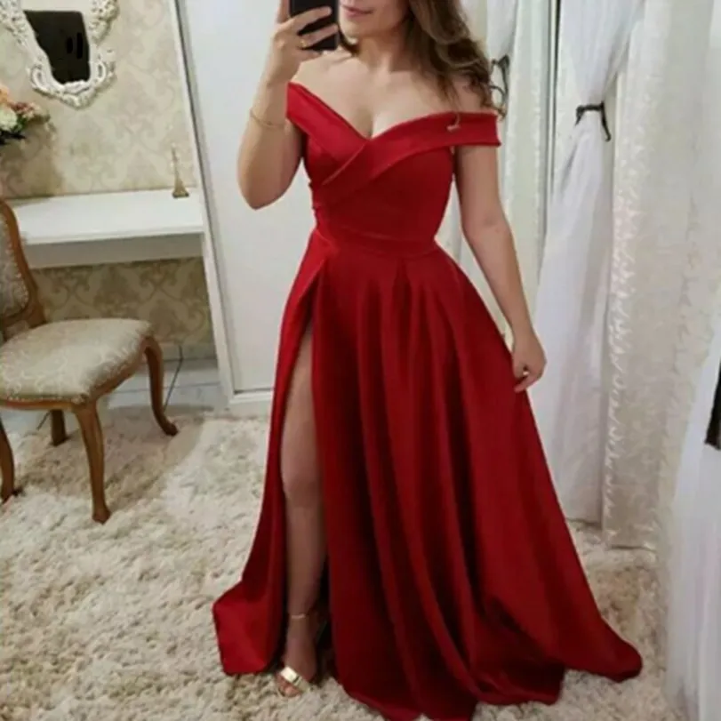 Nuovo abito da sera in raso con scollo a v e spalle scoperte abito da ballo formale lungo fino al pavimento Vestido De Festa Robe De Soiree vendita calda