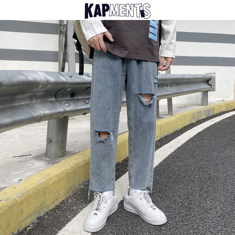 KAPMENTS Men Korean Streetwear Hip Hop Ripped Jeans 2023 Spring Mens Vintage Fashions Cargo Pants Denim Joggers Casual Trousers