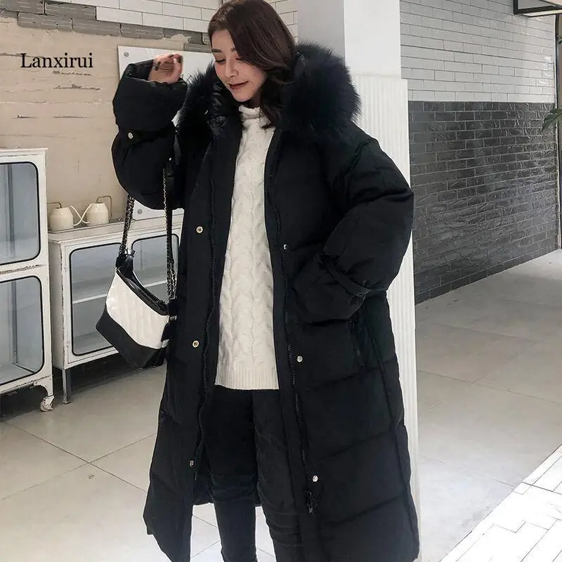 

Winter Korean New Casual Loose Thickened Warm Hooded Pink A-line Long Parkas Jackets Coats Women Fashion Streetwear