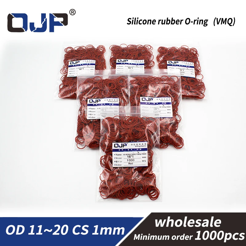 1mm Thickness 1000PCS/lot wholesale Red Silicon Oring Silicone/VMQ OD11/12/13/14/15/16/17/18/19/20mm O Ring Seal Rubber Gasket