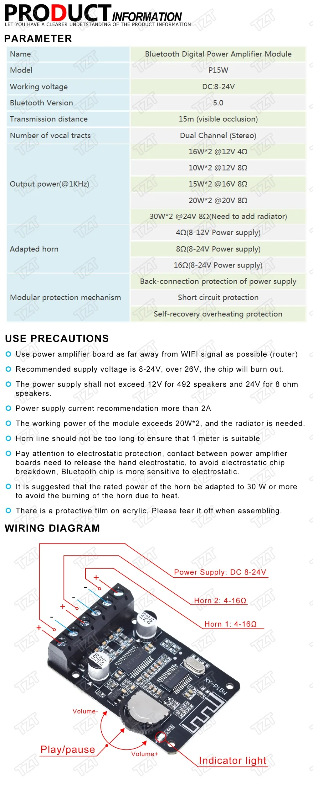 DIYTZT 1/3 Stück 10W/15W/20W Stereo Bluetooth Leistungsverstärker-Platine 12V/24V Hochleistungs-Digitalverstärkermodul XY-P15W – Detail 1