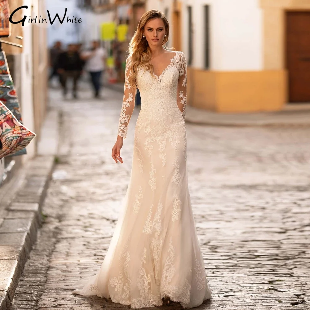 Elegante decote em v apliques rendas sereia vestidos de casamento ilusão personalizada manga longa botão varredura trem trompete vestido de noiva