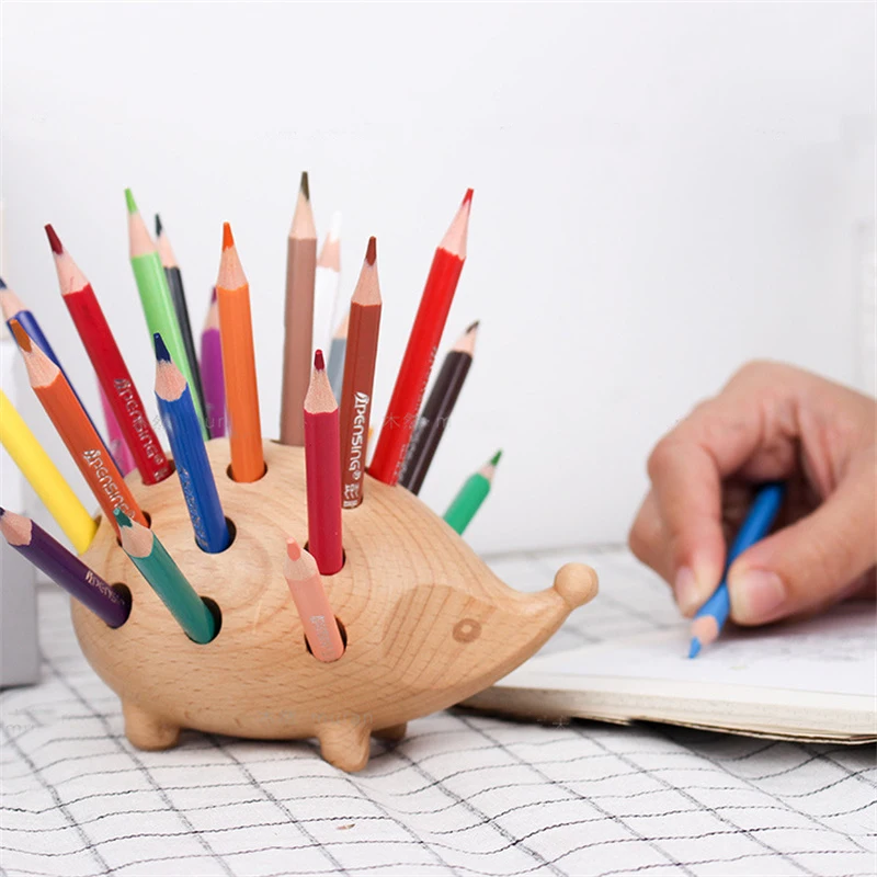 

Natural Wooden Hedgehog Pen Holder 24 Holes Handmade Craft Beech Table Ornaments Stationery Kawaii Gifts (with 24pcs Pencils)
