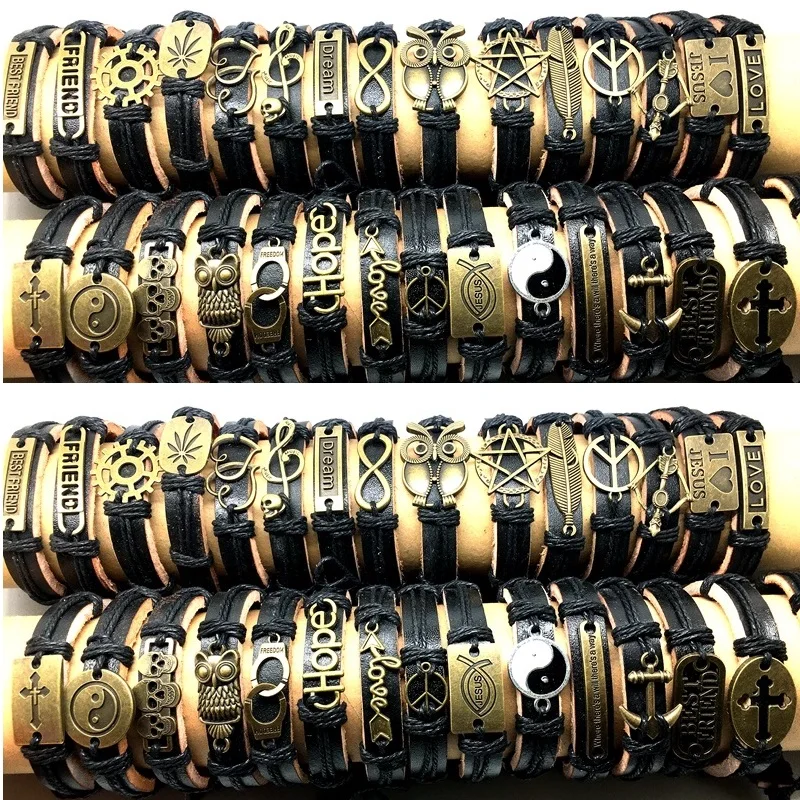 MIXMAX Wholesale 100pcs Leather Cuff Bracelets For Men Women Copper Alloy Fashion Jewelry Mixed Styles Resizable Party Gift