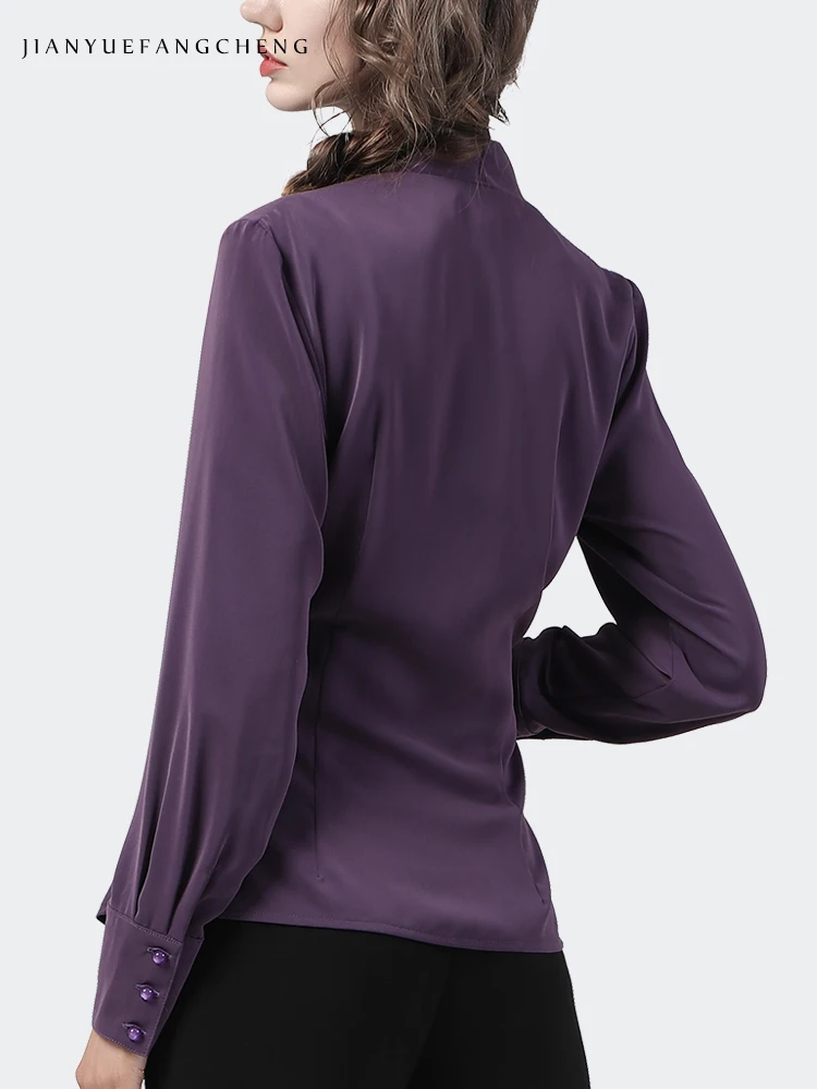 Fashion Womens Long Sleeve V-Neck Purple Lace-Up Shirt Elegant Slim Cinched Waist Tops 2021 Autumn New Office  Ladies Blouses