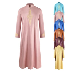 Vestido muçulmano dubai abaya ramadã bordado cor sólida vintage masculino roupão longo turco moda indiana roupa islâmica