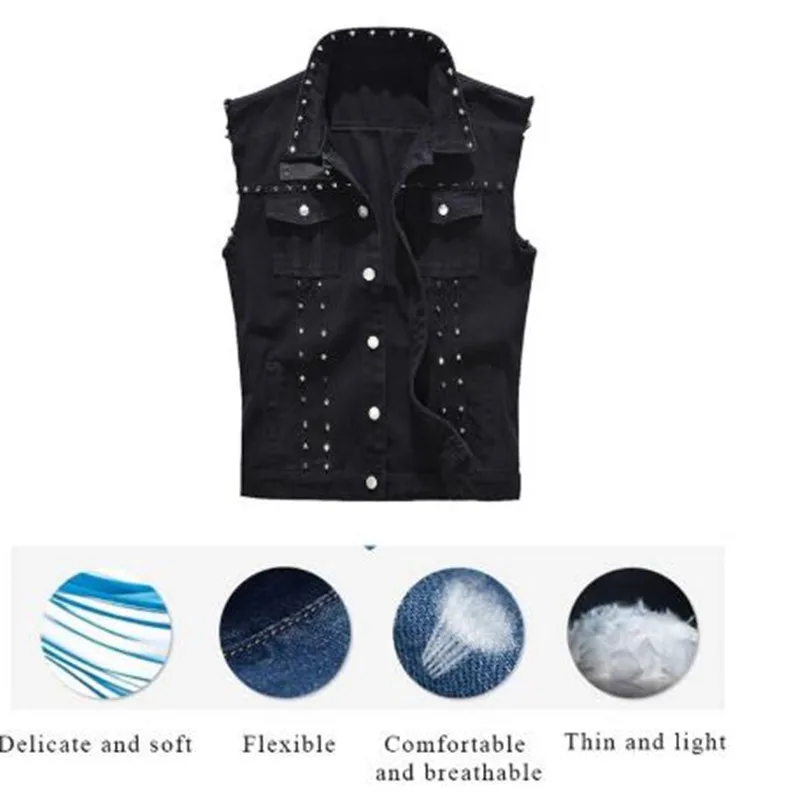 New 2022 Denim Vest Men Punk Rock Rivet Cowboy Black Jeans Waistcoat Fashion Men Motorcycle Style Sleeveless Jeans Jacket M-6XL