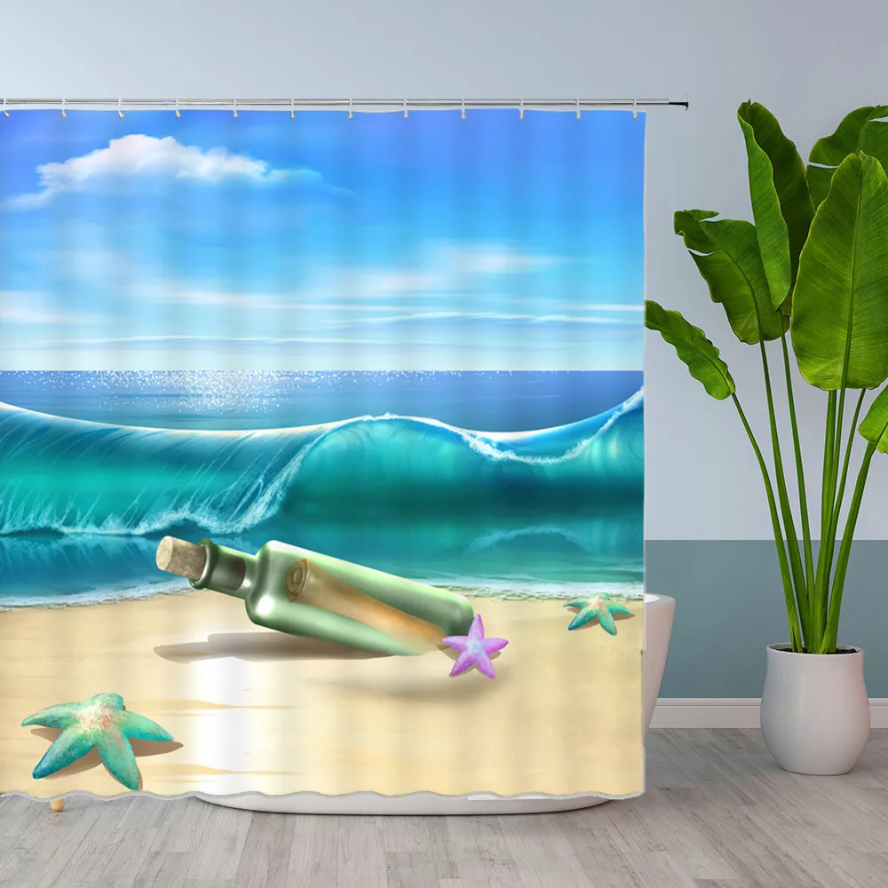 Ocean Beach Scenery Shower Curtains Sea Wave Shell Starfish Summer Vacation Coconut Tree Bathroom Polyester Hanging Curtain Set