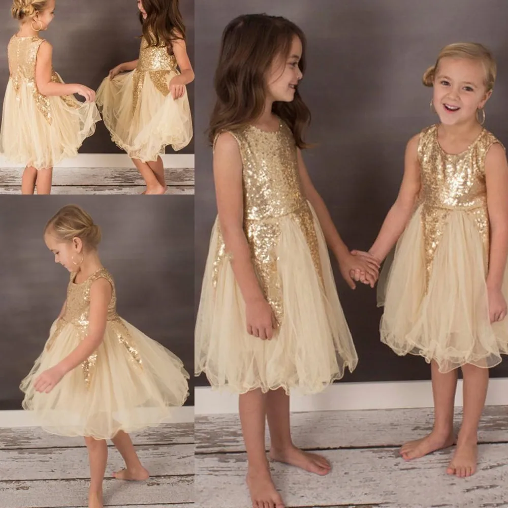 2022 Bling Champagne Flower Girl Dresses for Bohemia Wedding Knee Length Tulle Sleeveless Child Formal Party Dresses for Girls P